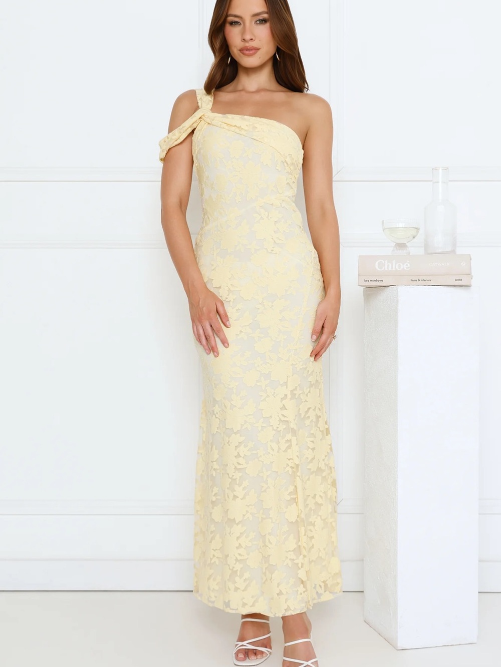Hello Molly: Velour Glow One Shoulder Maxi Dress - Yellow